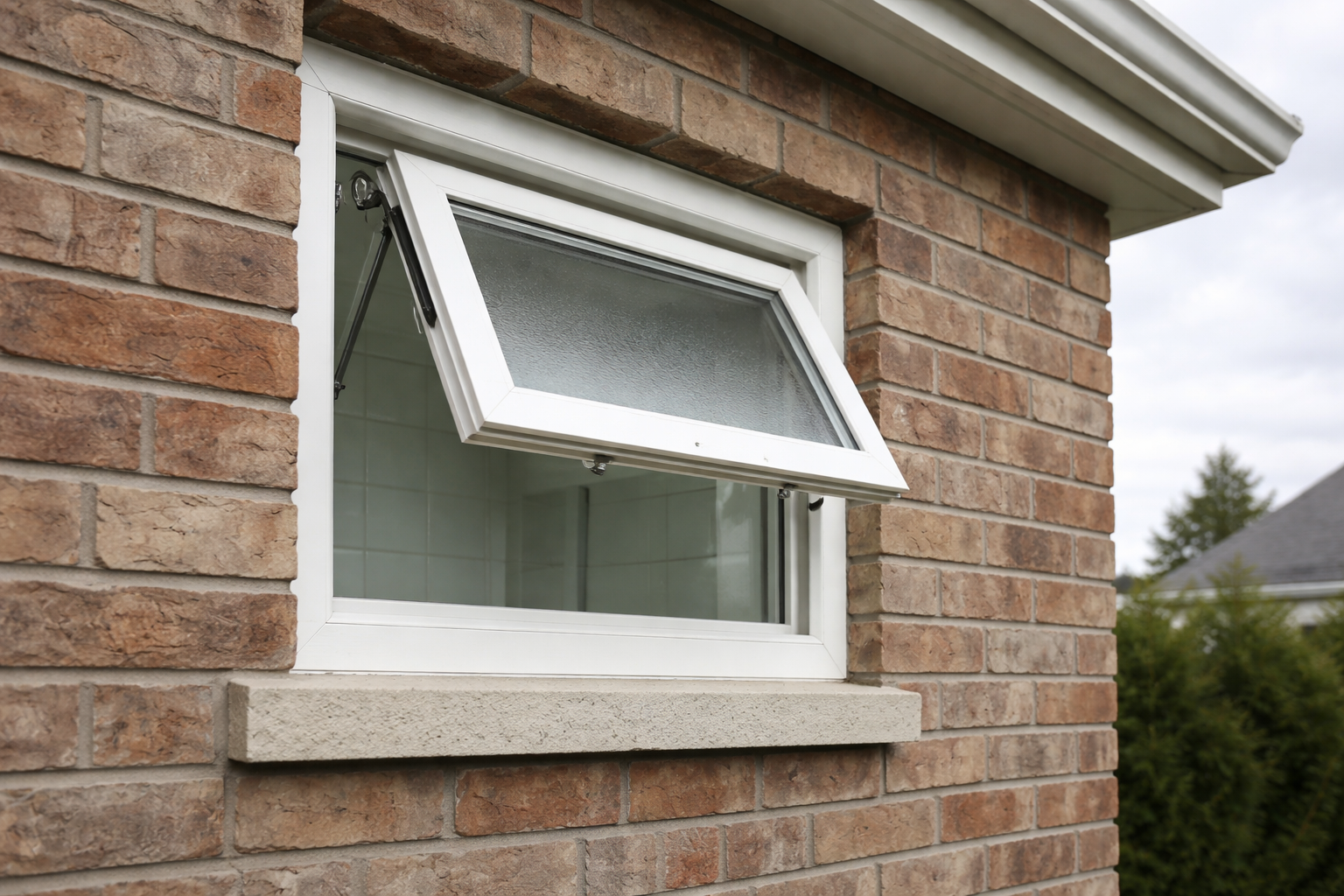 Small Awning Window Hinge on Brick Wall