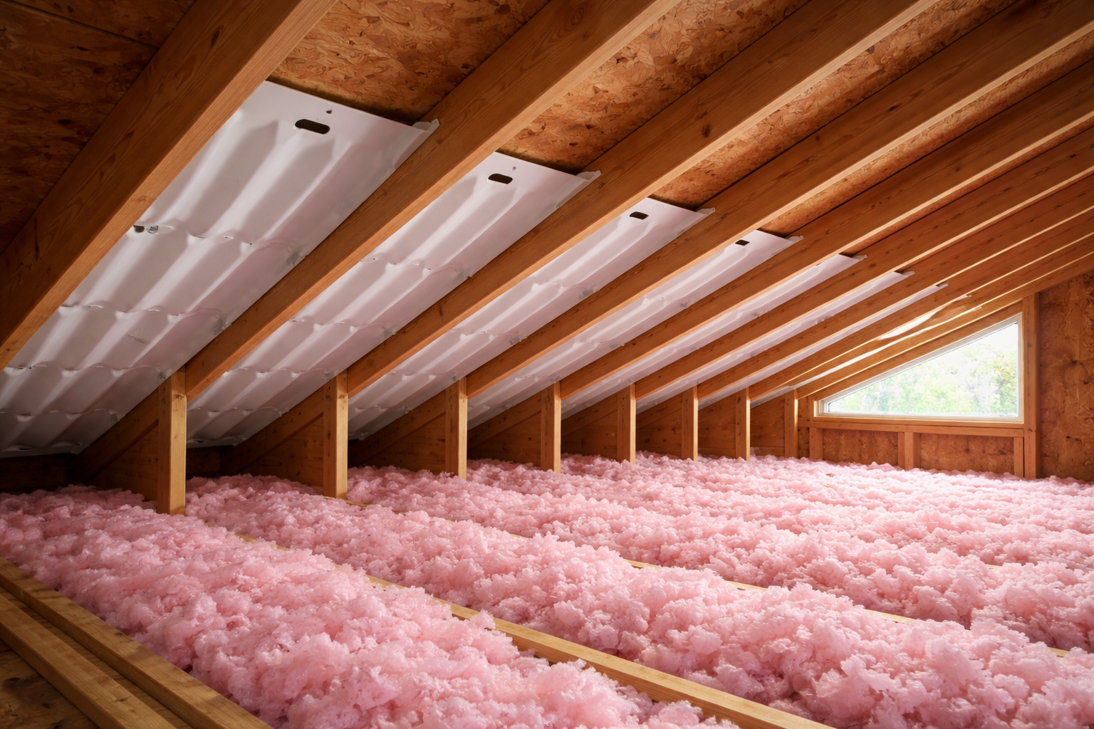 Soffit Vent Baffles in Attic Interior with Daylight Through Vent