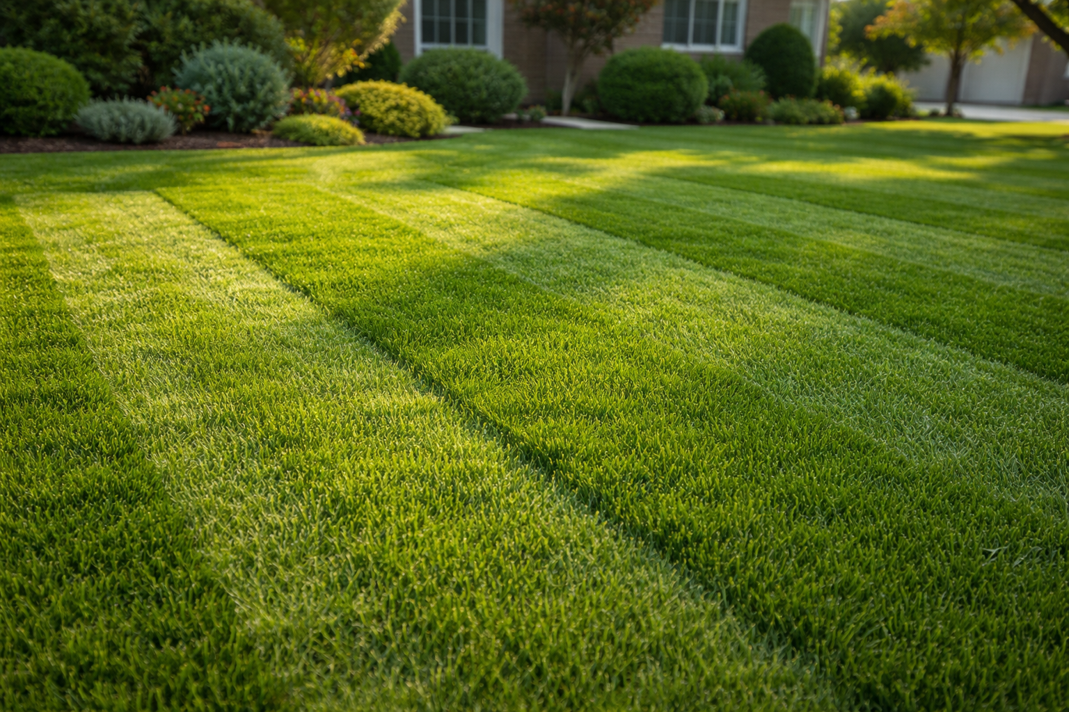 Thick Green Lawn with Crisp Mowing Lines at Dusk-1