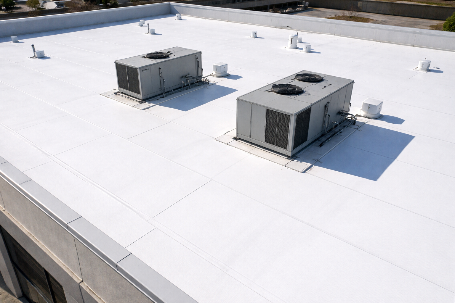 White TPO Membrane Roof with HVAC Units and HeatWelded Seams-1