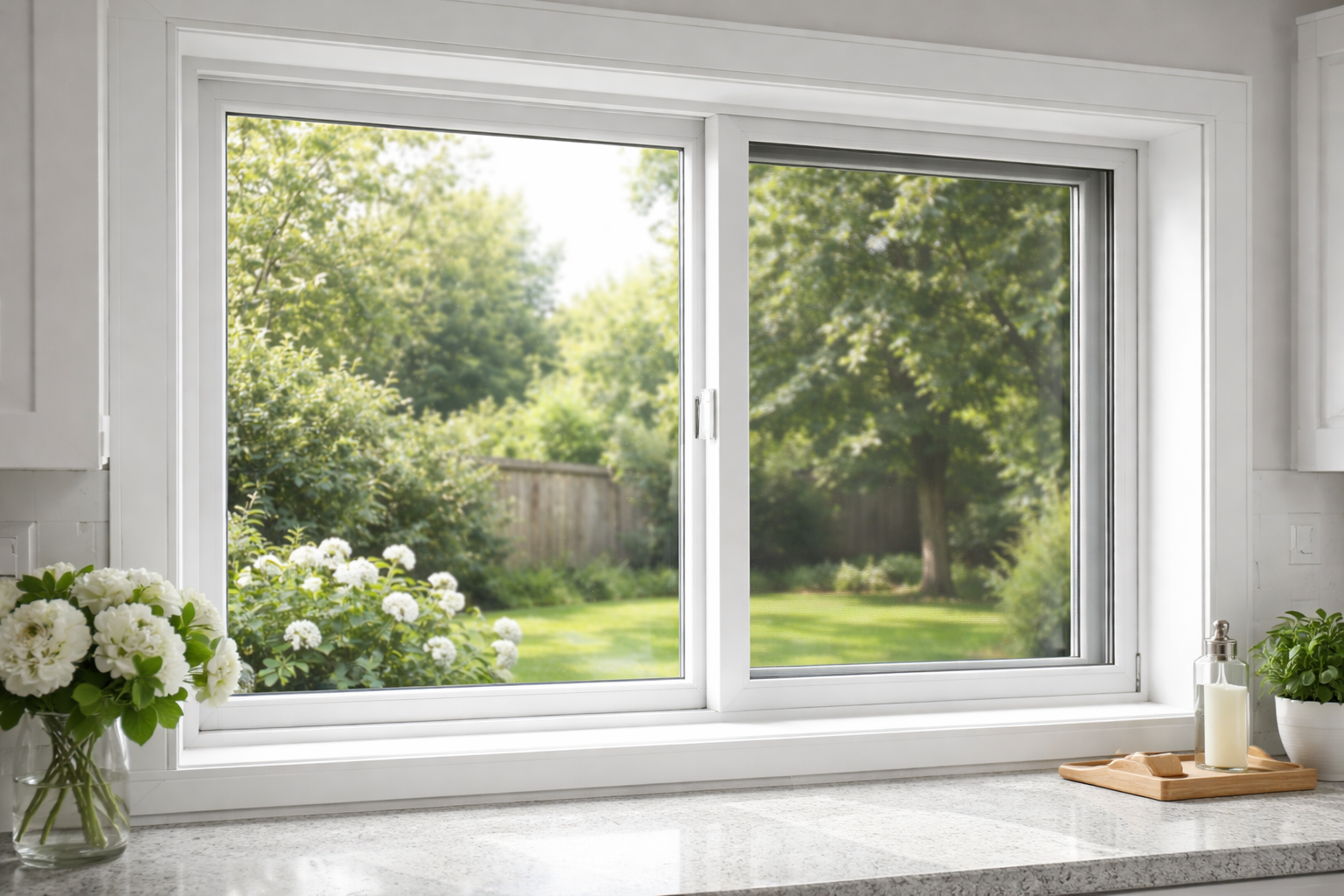 White Vinyl Slider Window in Kitchen Setting