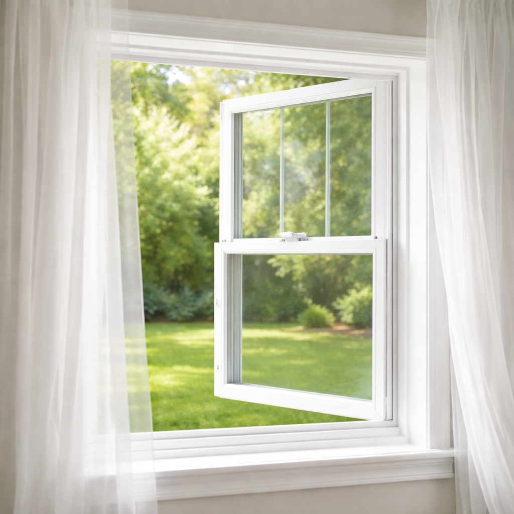 White Vinyl Window with Sheer Curtains and Green Yard-1