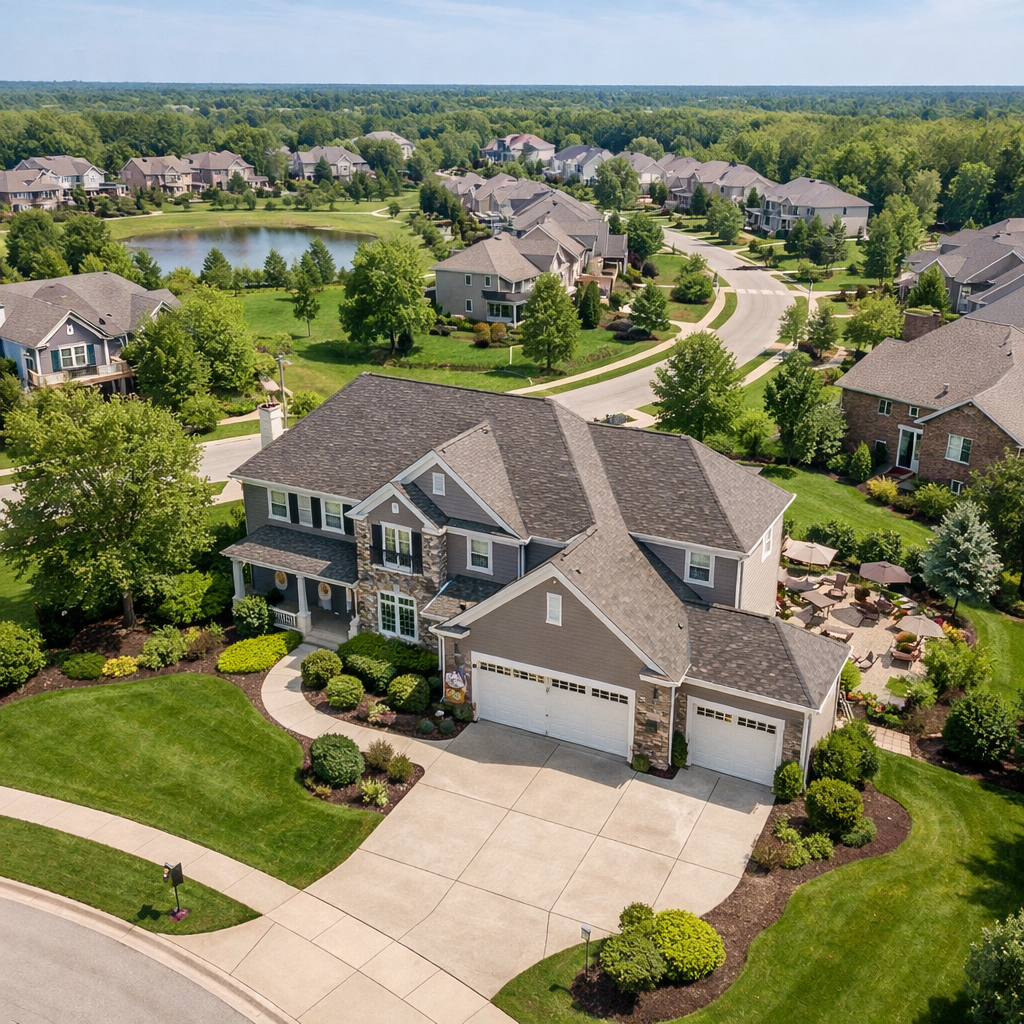 aerial drone shot of a home in a nice neighborhood in ohio