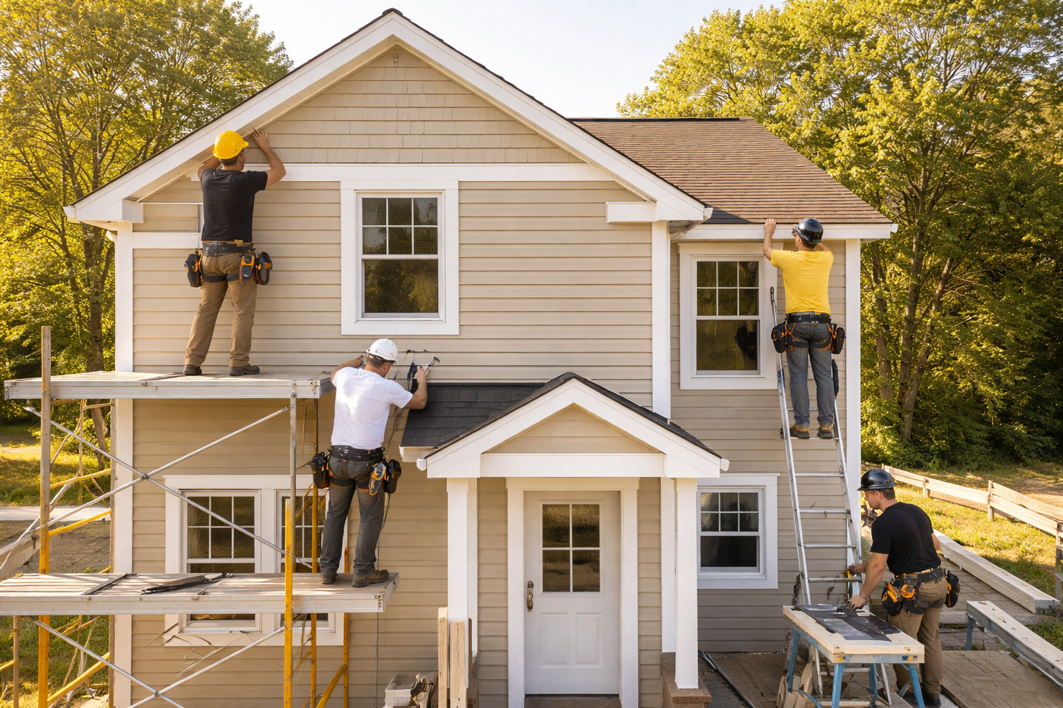 photographic A dedicated crew of skilled workers is meticulously installing exquisite vinyl siding on a charming house the sunlight casting warm golde-1