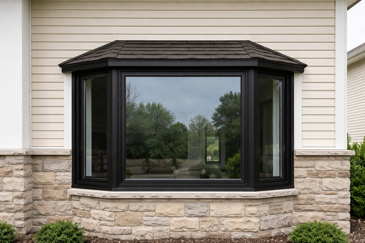 photographic Bay  Bow  Black frameExterior photograph of a black vinyl bay window projecting outward from a twostory home with light stone veneer on t