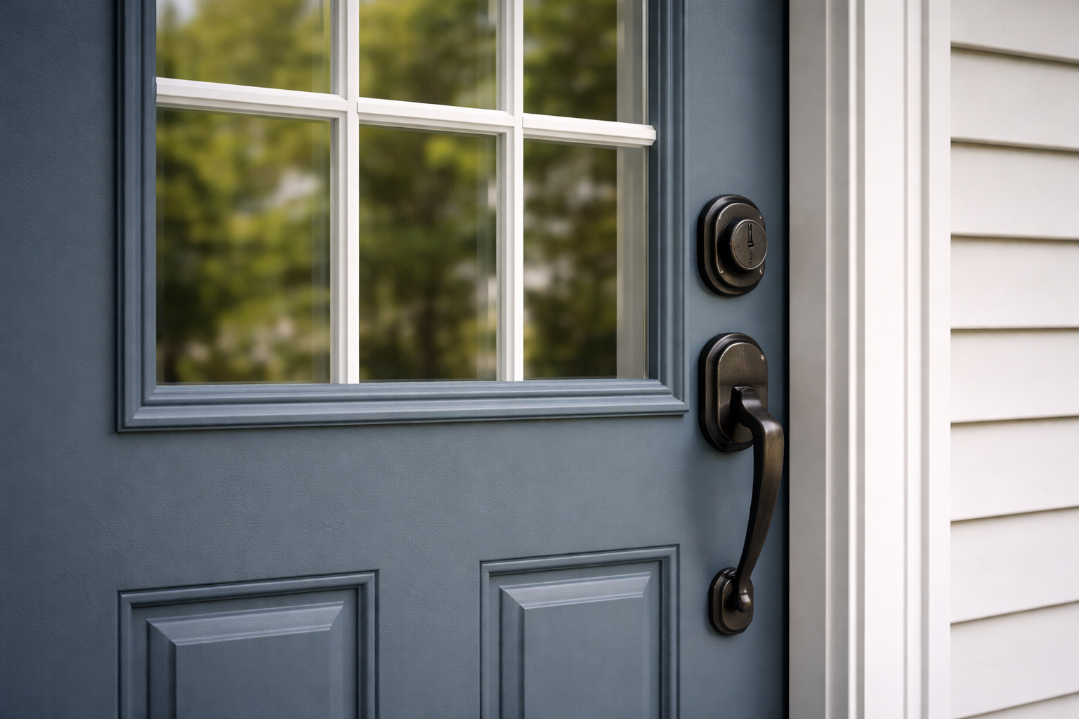 photographic Closeup detail shot of a slate blue steel entry door with colonial grid glass panes and oilrubbed bronze handle set and deadbolt white tr