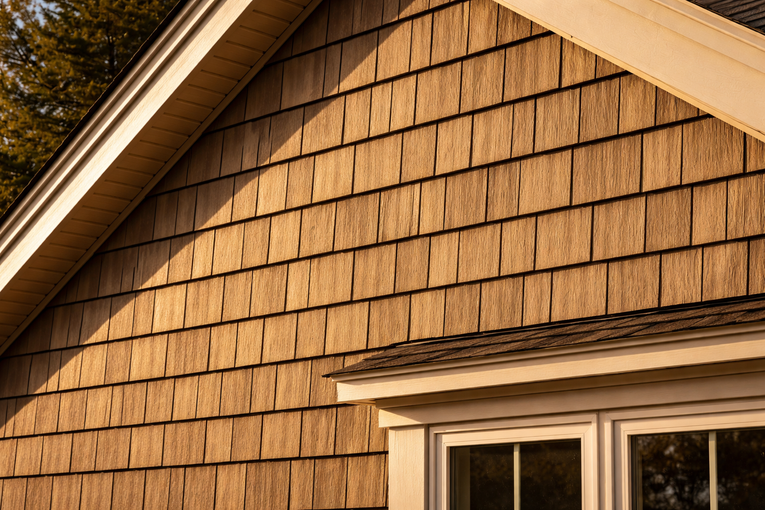 photographic Closeup of vinyl shake siding on an upper story of a residential home staggered edges with deep shadow lines mimicking real wood shakes w