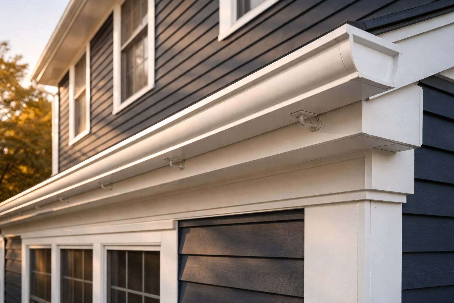 photographic Closeup photograph of white seamless aluminum Kstyle gutters installed on a navy blue twostory colonial home with white trim hidden hange