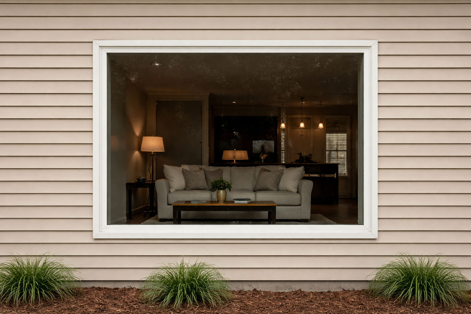 photographic Exterior photograph of a large rectangular picture window on a beige sided home one single unbroken pane of glass with a thin white borde-1
