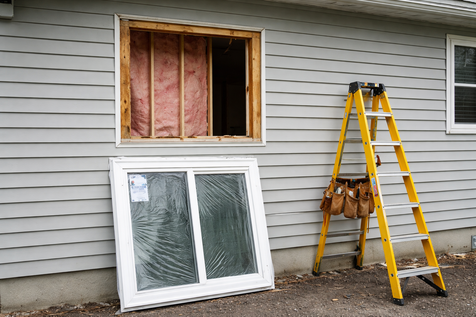 photographic Exterior photograph of a residential home with gray siding one window opening has the old window removed showing exposed wood framing and
