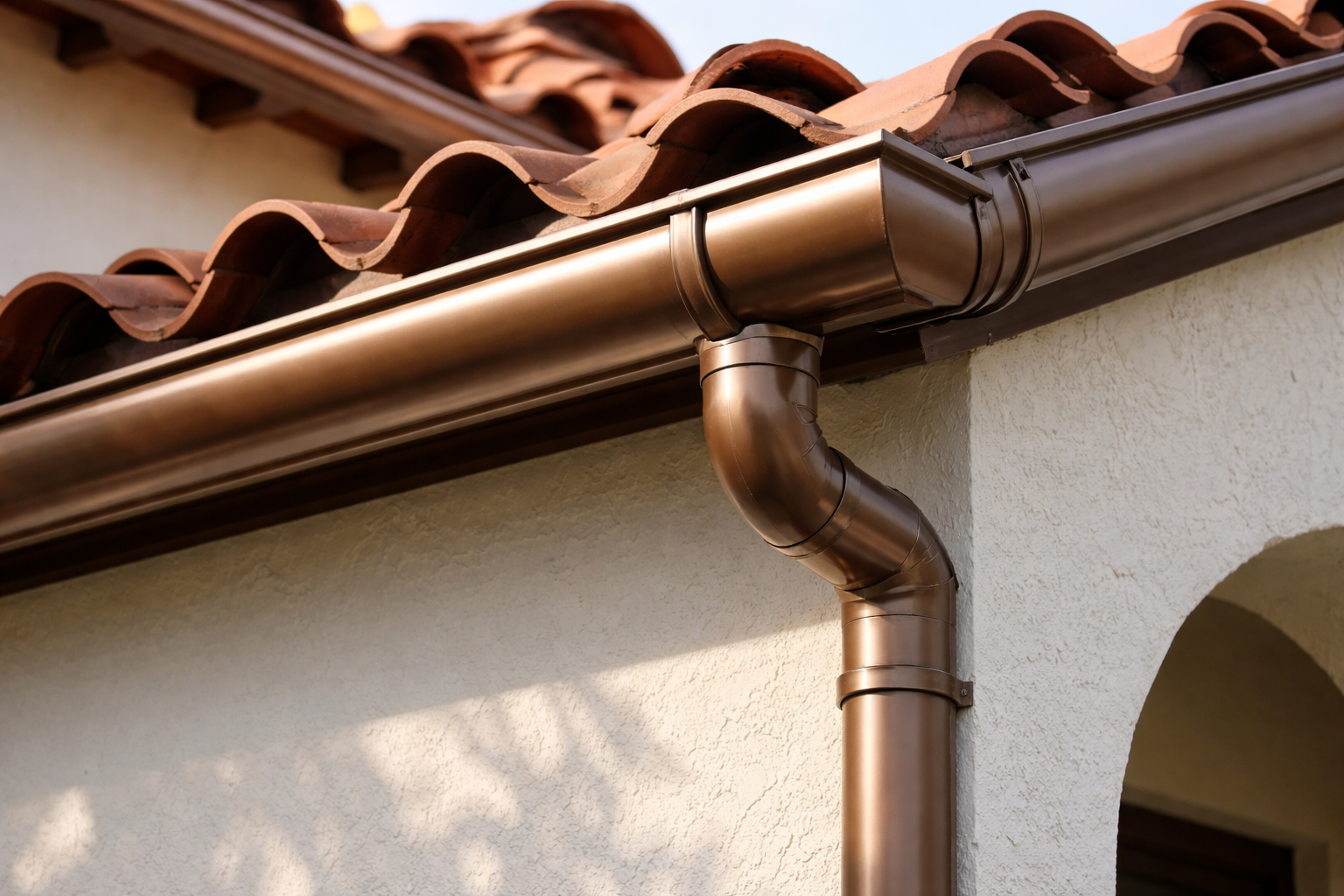 photographic HalfRound GuttersCloseup photograph of halfround gutters installed on a creamcolored stucco Spanish revival home with terracotta tile roo-1