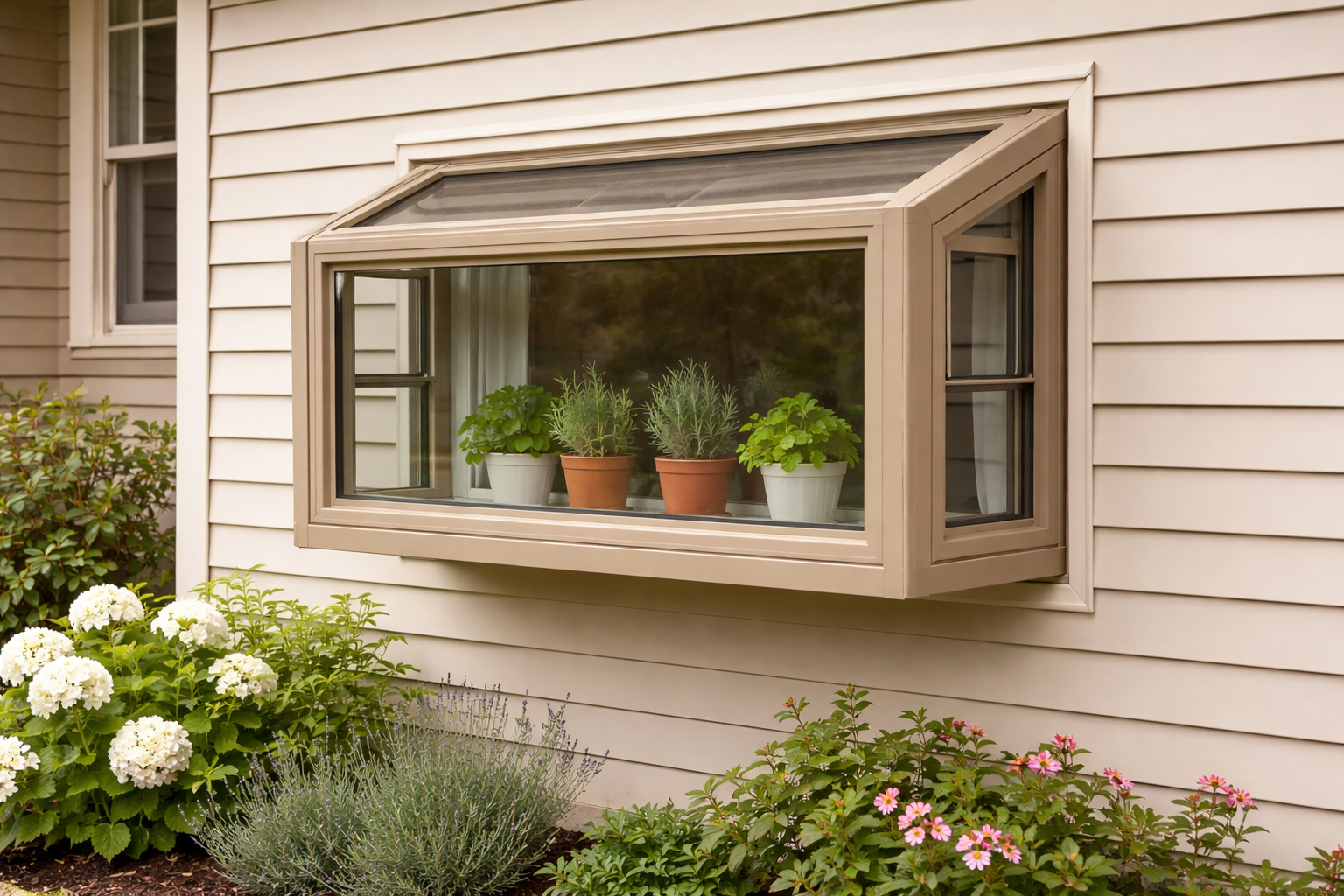 photographic Hopper  Garden  Tan frameExterior photograph of a tan vinyl garden window projecting outward from a kitchen wall on a cream colored home-1