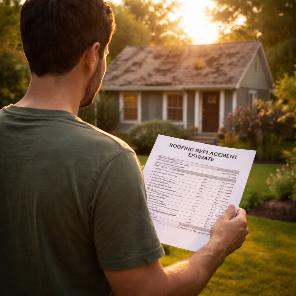 photographic In a cozy suburban setting during the golden hour a homeowner stands with their back to the viewer holding a roofing replacement estimate-1