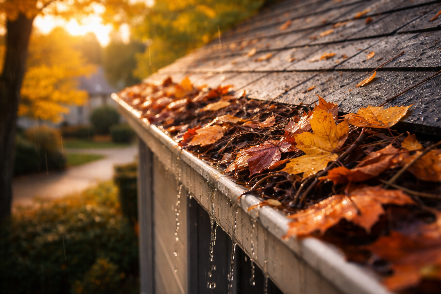 photographic In a quiet suburban neighborhood a closeup view captures a clogged gutter overflowing with vibrant autumn leaves and debris The soft glow-1