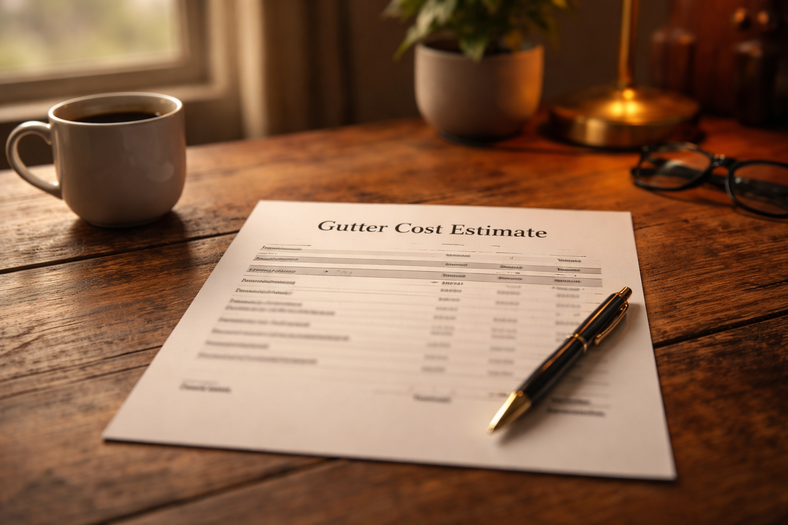 photographic In a softly lit cozy office setting a rustic wooden table holds a detailed paper document featuring a gutter cost estimate The words are-3