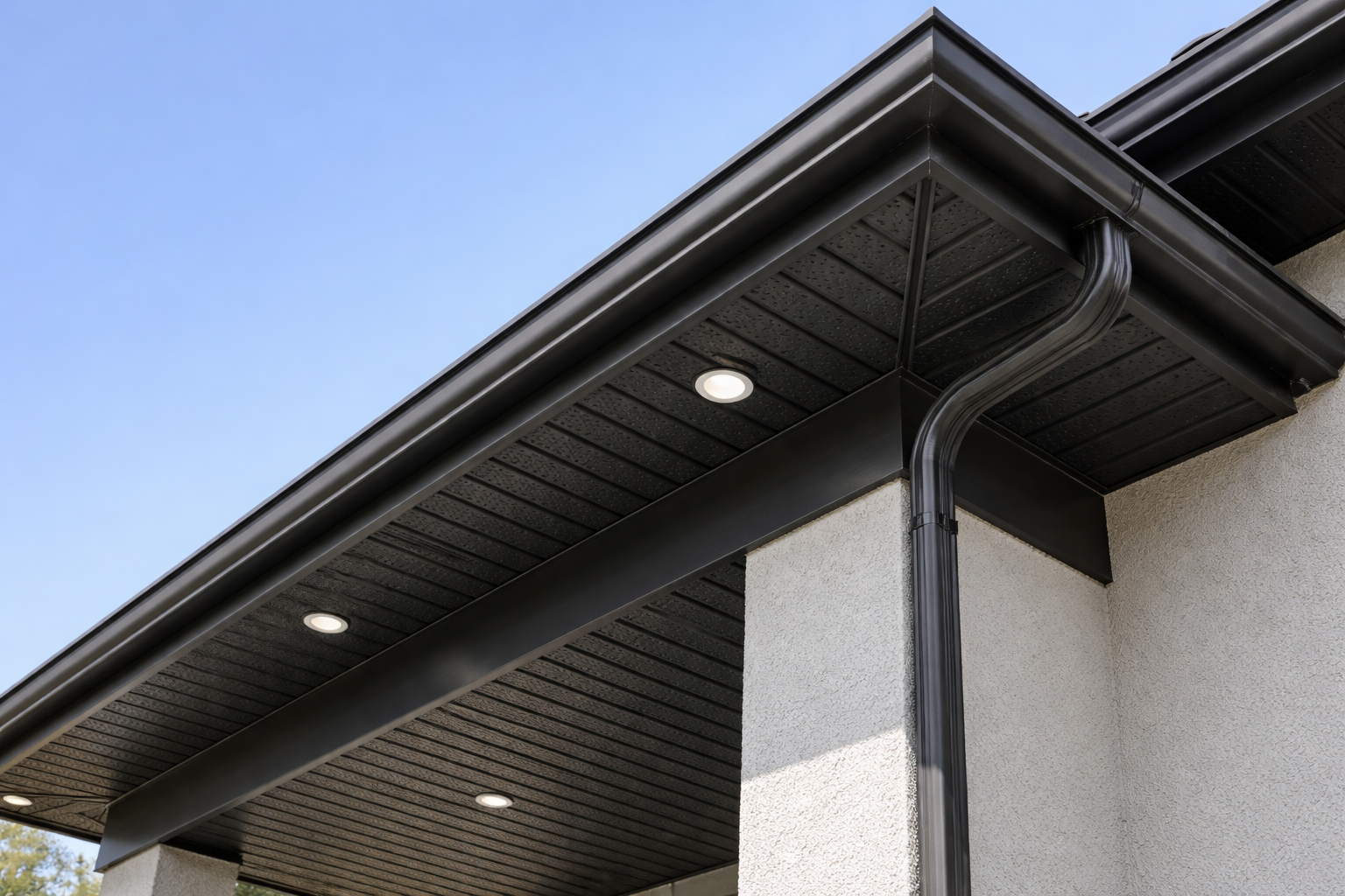 photographic Low angle looking up at residential roof overhang showing dark charcoal vinyl soffit panels with ventilation perforations matching dark f-1