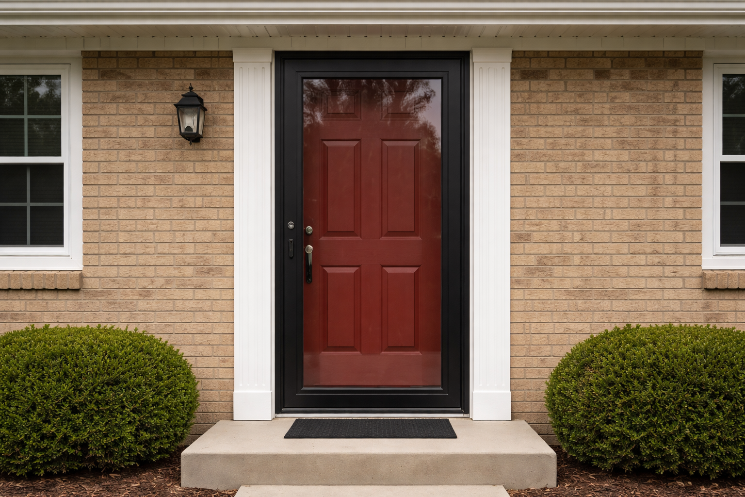 photographic Medium shot of a black fullview storm door installed over a red fiberglass entry door on a tan brick ranch home with white trim storm doo-1