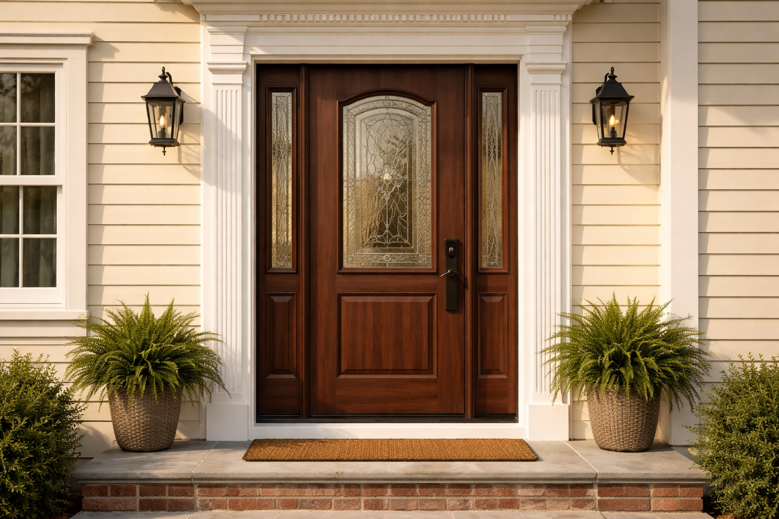 photographic Medium shot of a dark walnut woodgrain fiberglass entry door with decorative glass insert and black hardware installed on a creamcolored