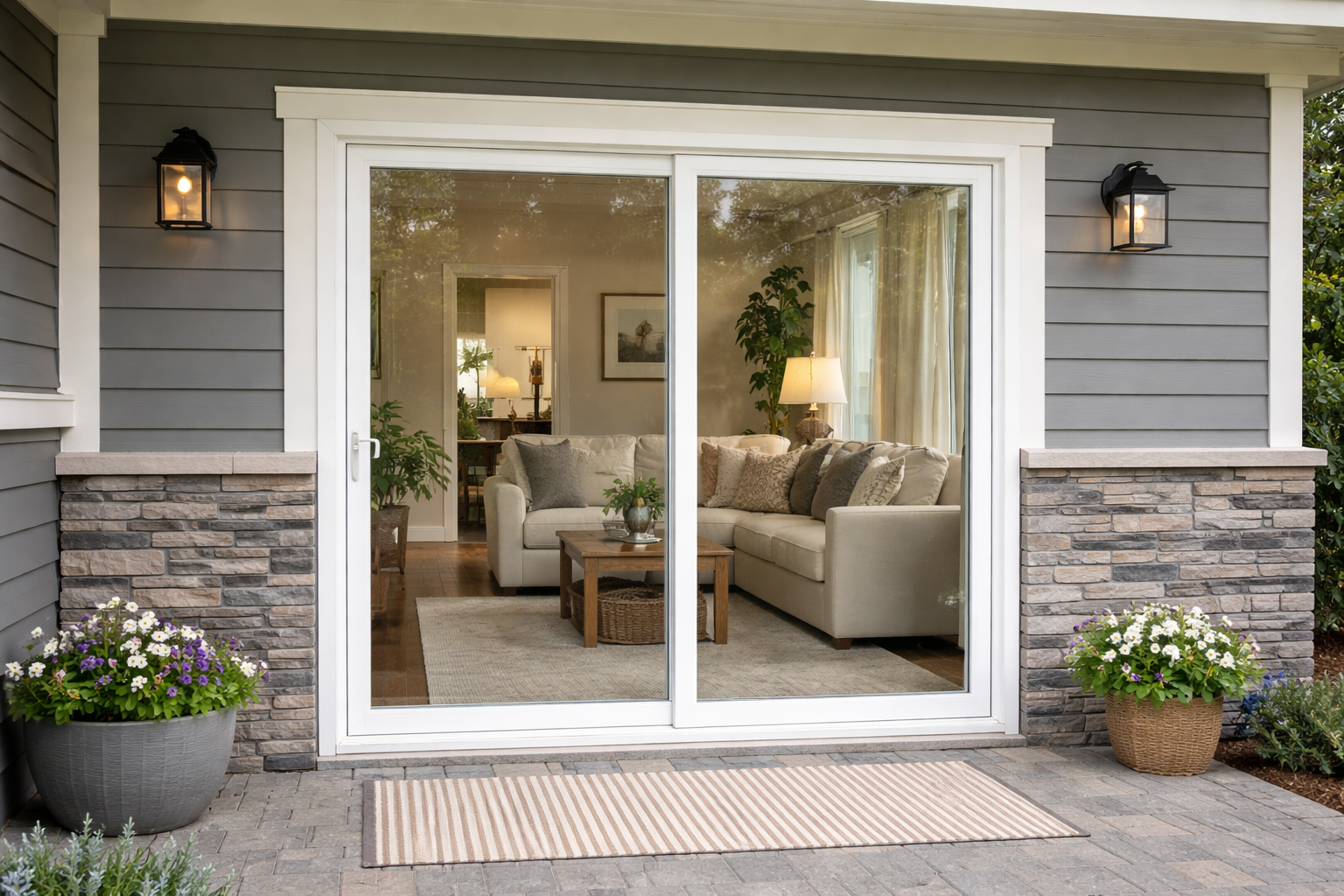 photographic Medium shot of a white vinyl sliding patio door with two panels installed on a gray craftsmanstyle home with stone accent wall view into-1