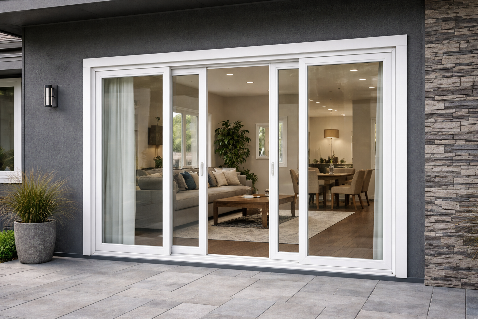 photographic Medium shot of a white vinyl threepanel sliding patio door installed on a charcoal gray modern home with a stone veneer accent wall view