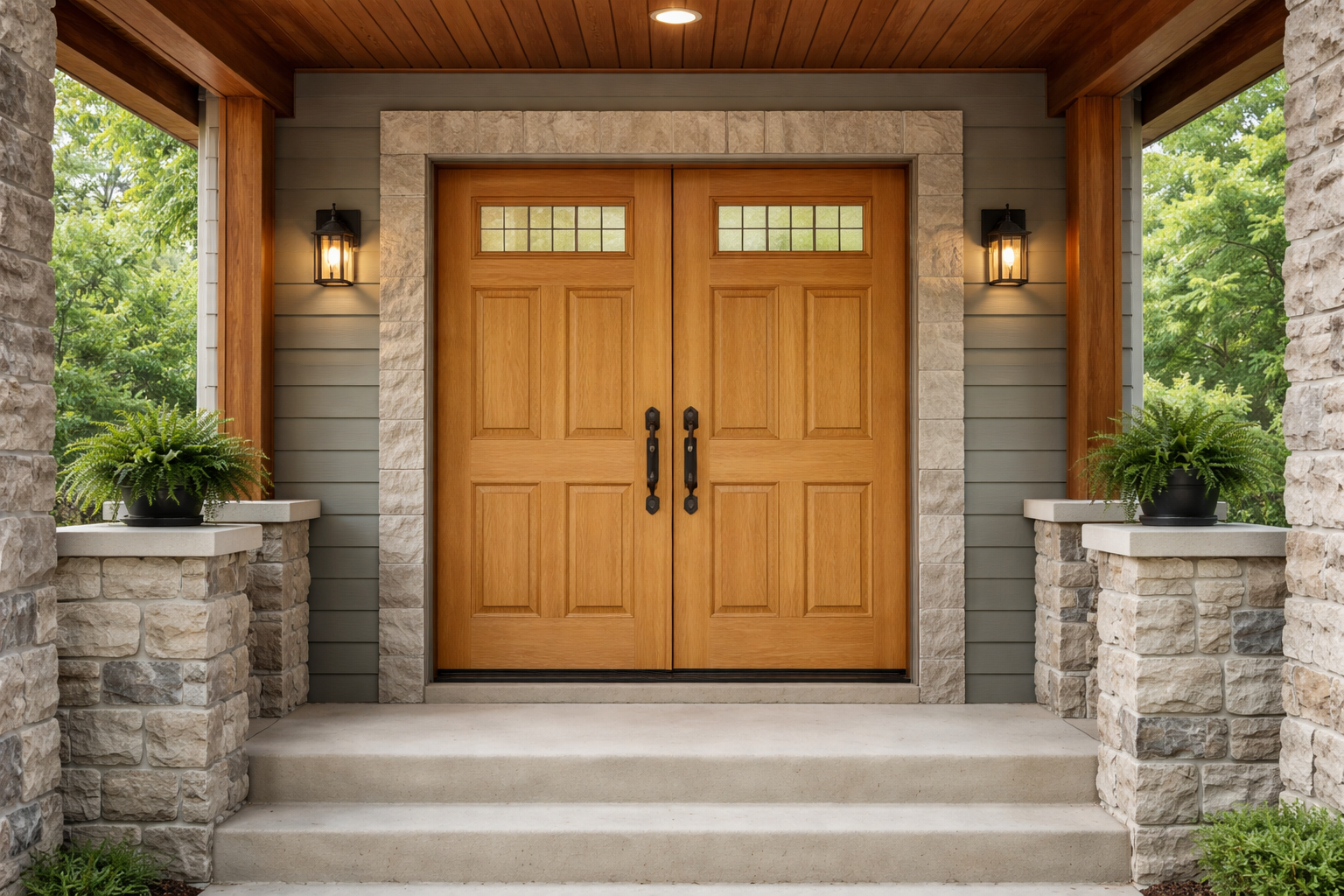 photographic Medium wide shot of a double light oak woodgrain fiberglass entry door with six raised panels and small rectangular glass inserts at the-1