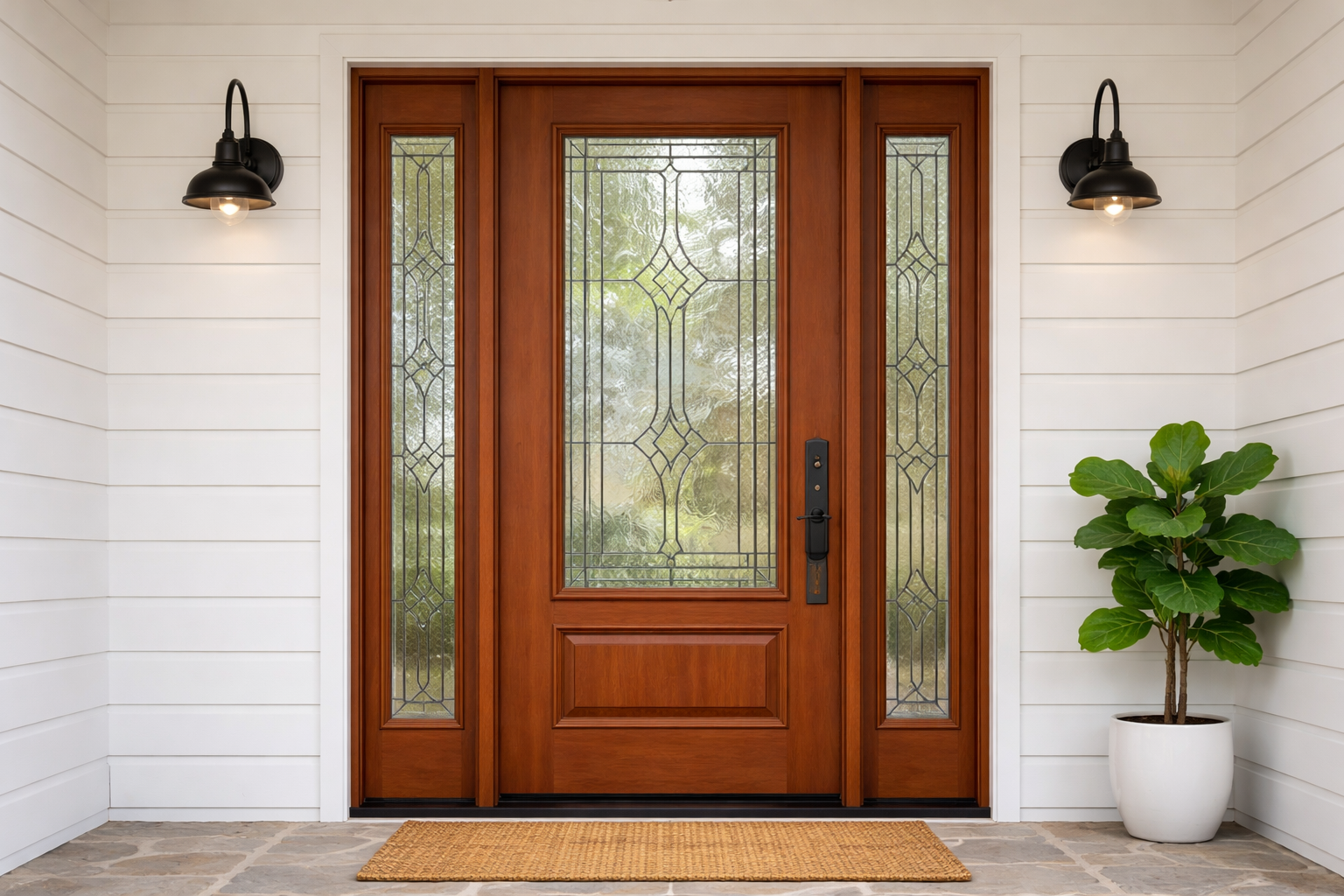 photographic Straighton medium shot of a warm cherry woodgrain fiberglass entry door with a large threequarter decorative glass insert featuring a dia-1