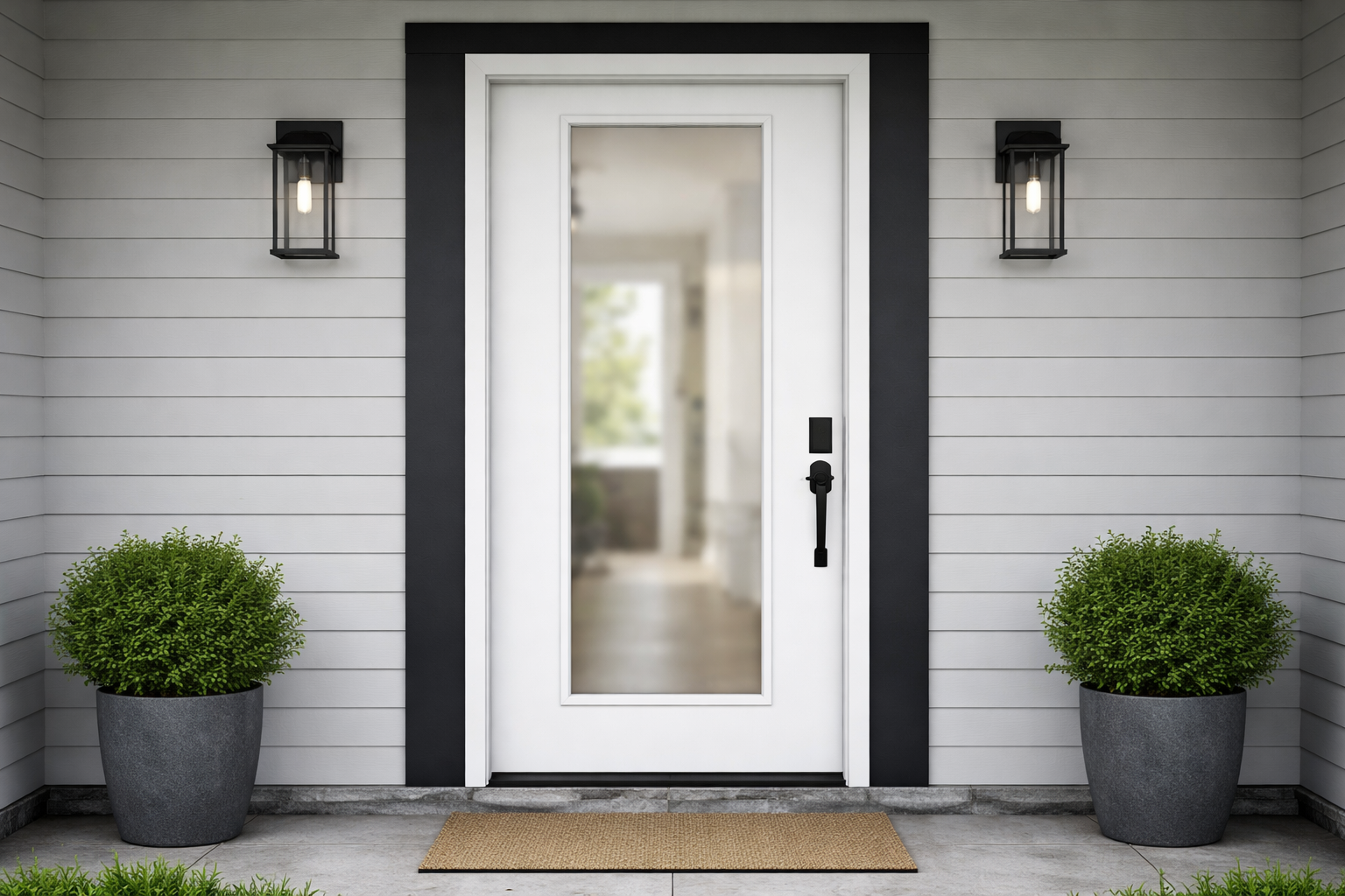 photographic Straighton shot of a white fiberglass entry door with a fulllength rectangular glass insert panel running top to bottom of the door slab-1