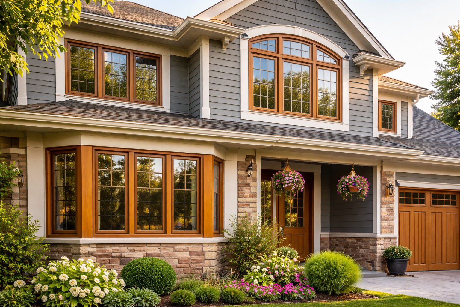 photographic a beautiful sububran house with perfect oak vinyl windows with focus on the windows-1