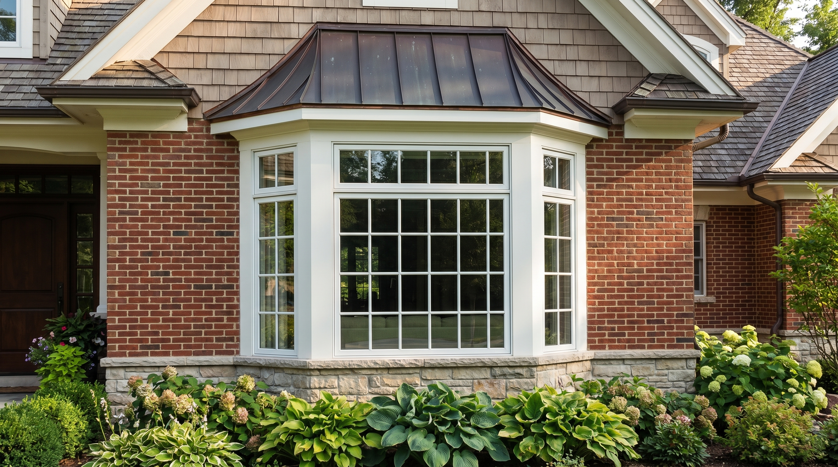 Bay window with copper roof on a brick home